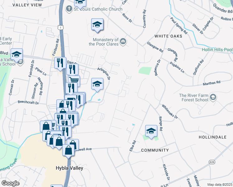 map of restaurants, bars, coffee shops, grocery stores, and more near 2618 Windbreak Drive in Alexandria