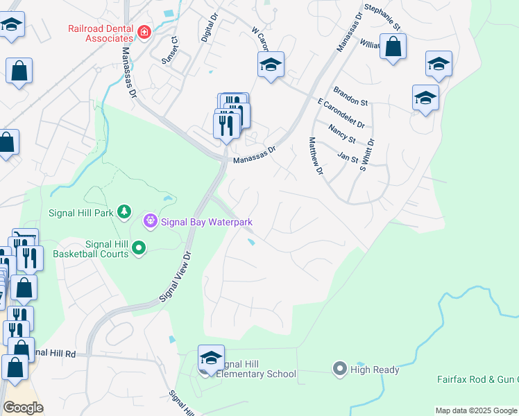 map of restaurants, bars, coffee shops, grocery stores, and more near 9129 Mineola Court in Manassas