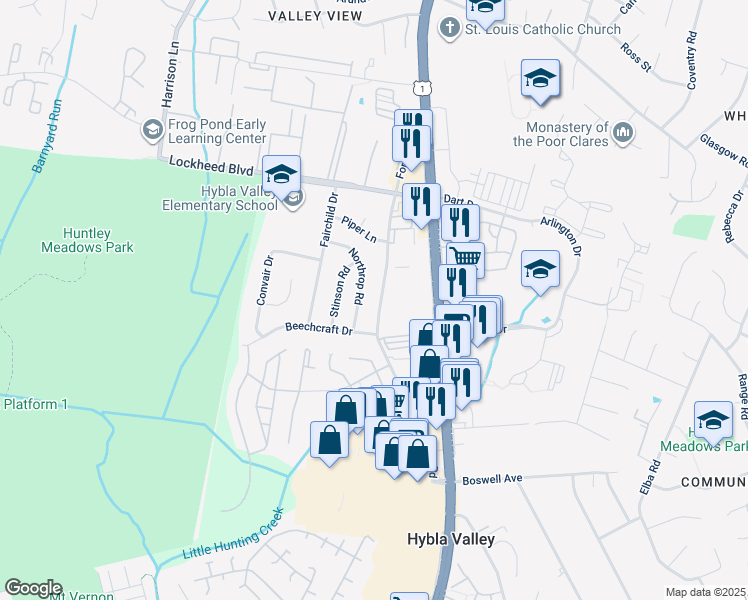 map of restaurants, bars, coffee shops, grocery stores, and more near 7416 Fordson Road in Alexandria