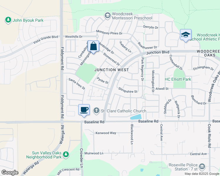 map of restaurants, bars, coffee shops, grocery stores, and more near 1880 Junction Boulevard in Roseville