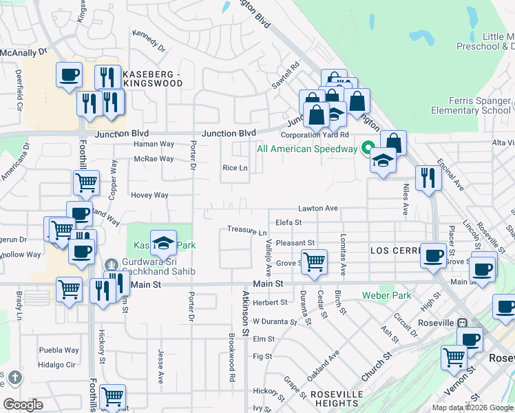 map of restaurants, bars, coffee shops, grocery stores, and more near 908 Lawton Avenue in Roseville