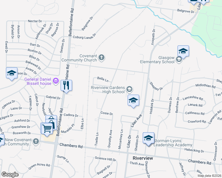 map of restaurants, bars, coffee shops, grocery stores, and more near 10234 Toelle Lane in St. Louis