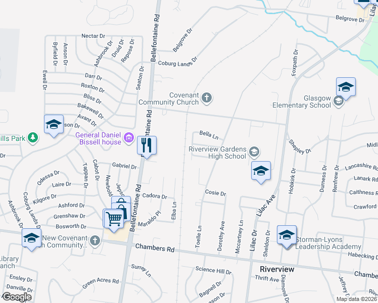 map of restaurants, bars, coffee shops, grocery stores, and more near 10201 Trio Lane in St. Louis