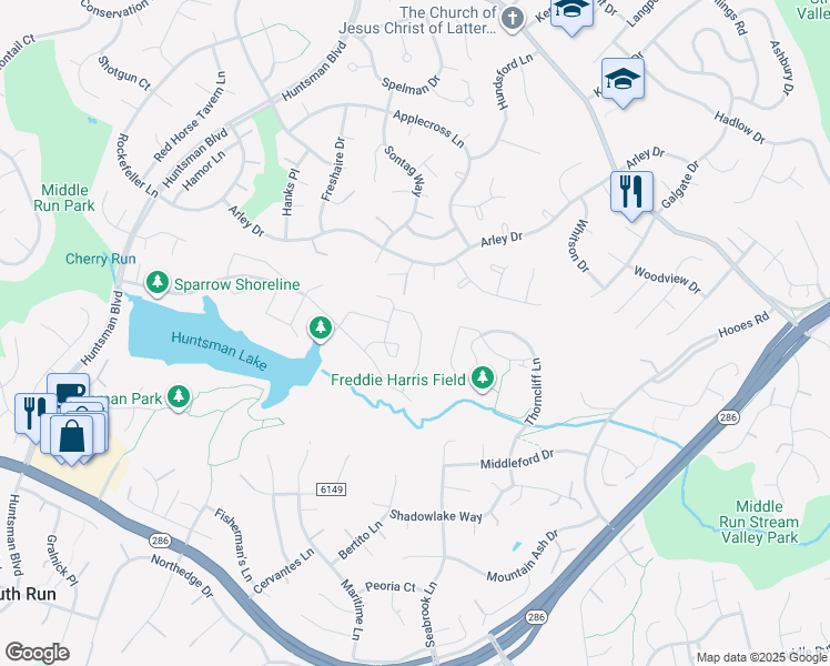 map of restaurants, bars, coffee shops, grocery stores, and more near 7344 Golden Horseshoe Court in Springfield