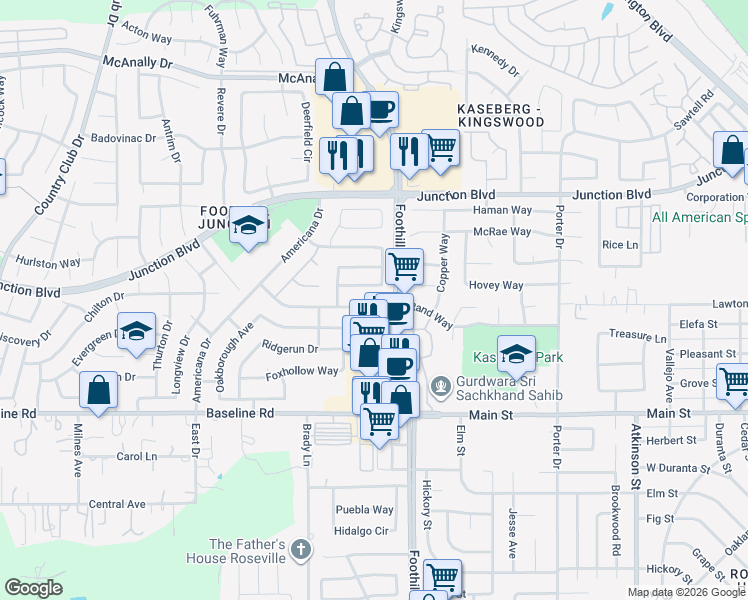 map of restaurants, bars, coffee shops, grocery stores, and more near 1306 Pilgrims Drive in Roseville
