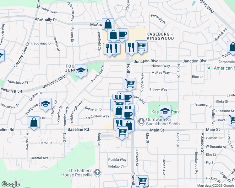 map of restaurants, bars, coffee shops, grocery stores, and more near 1306 Pilgrims Drive in Roseville