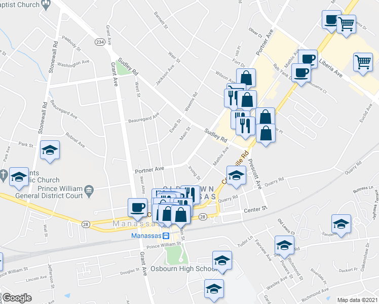 map of restaurants, bars, coffee shops, grocery stores, and more near 9210 Portner Avenue in Manassas