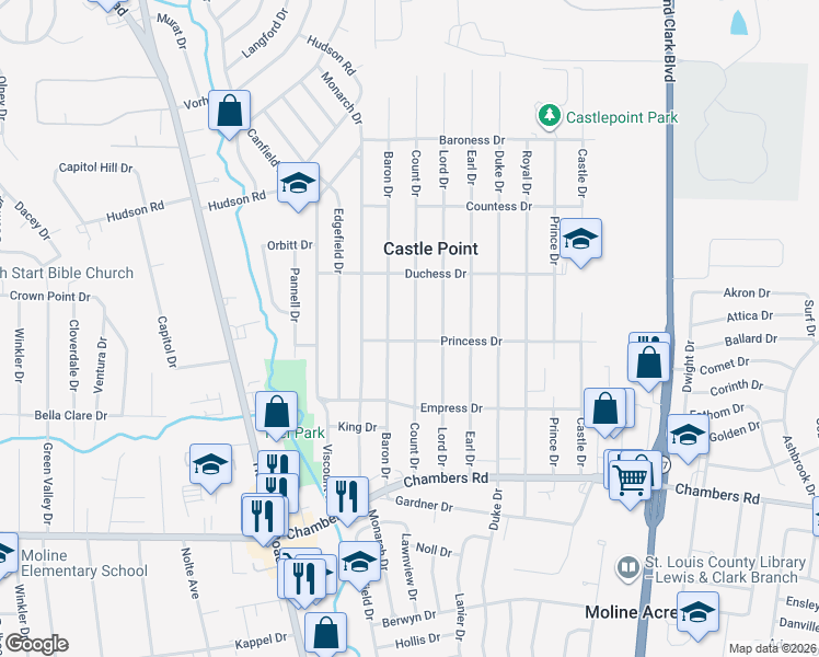 map of restaurants, bars, coffee shops, grocery stores, and more near 10161 Count Drive in St. Louis