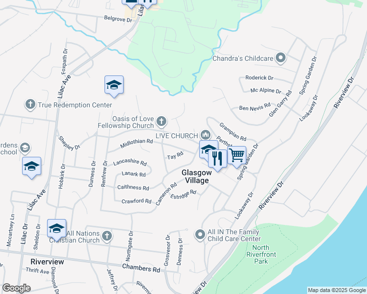 map of restaurants, bars, coffee shops, grocery stores, and more near 223 Midlothian Road in St. Louis