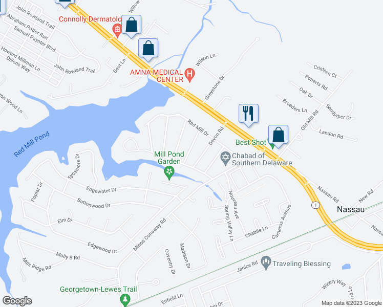 map of restaurants, bars, coffee shops, grocery stores, and more near 16899 Essex Road in Lewes