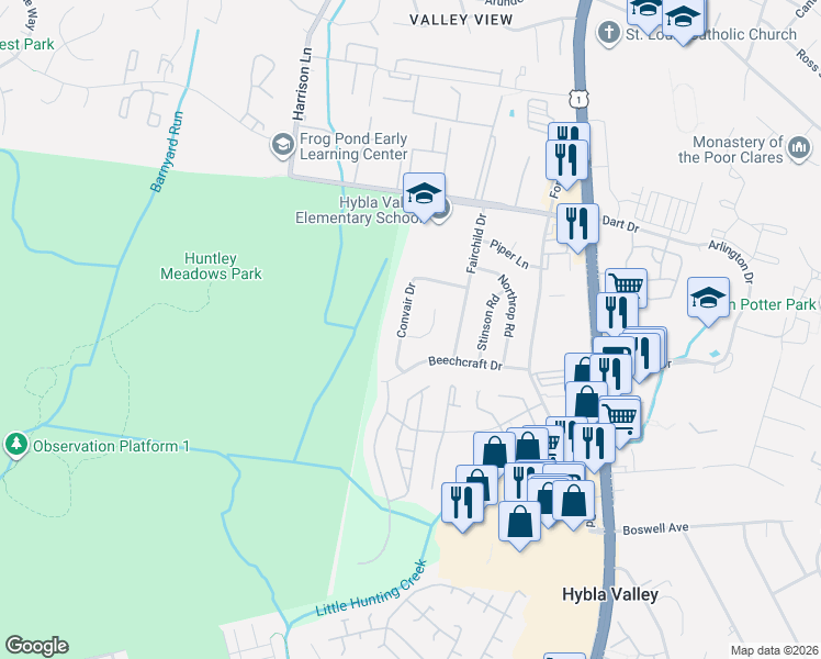 map of restaurants, bars, coffee shops, grocery stores, and more near 7436 Grumman Place in Alexandria