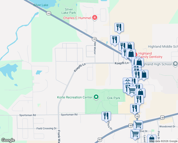 map of restaurants, bars, coffee shops, grocery stores, and more near 2723 Pineview Drive in Highland