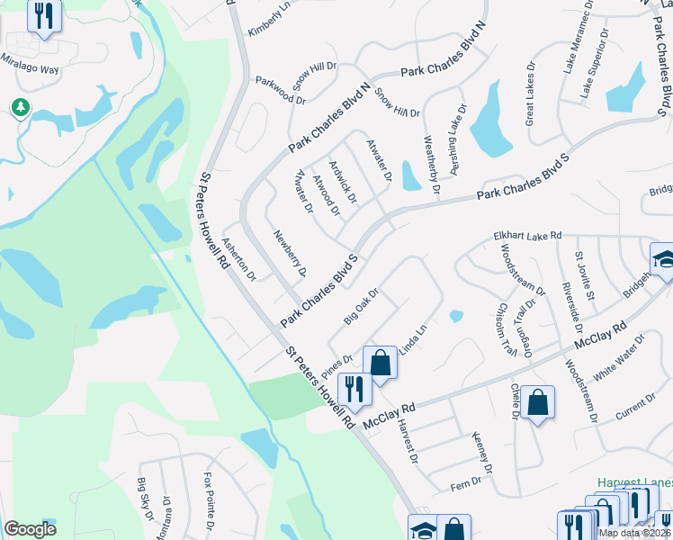 map of restaurants, bars, coffee shops, grocery stores, and more near 22 Park Charles Boulevard South in St. Peters