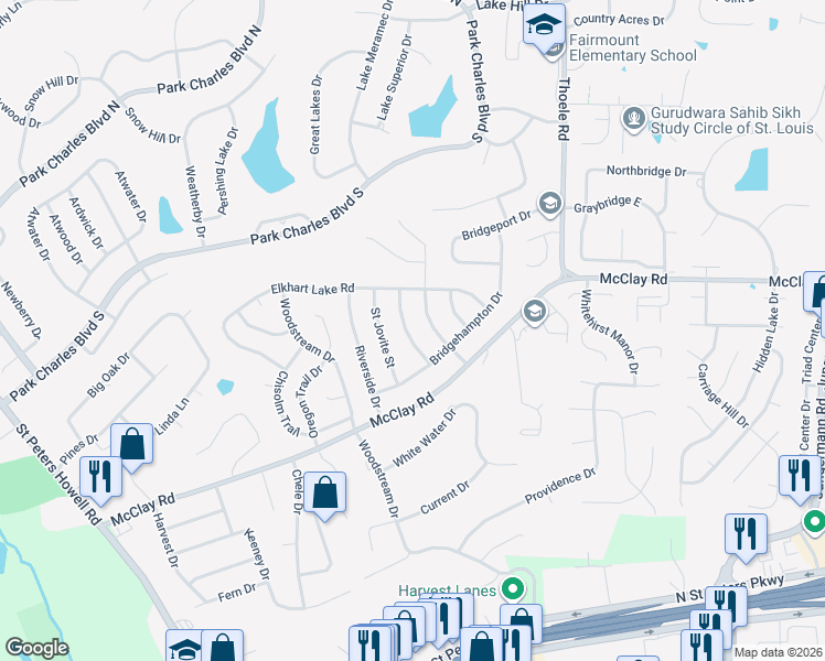 map of restaurants, bars, coffee shops, grocery stores, and more near 613 Watkins Glen Drive in Saint Charles