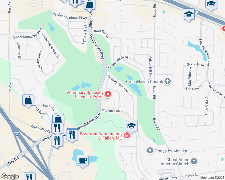 map of restaurants, bars, coffee shops, grocery stores, and more near 135 Bayhill Village Drive in O'Fallon