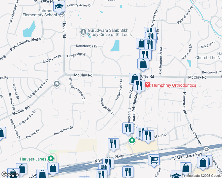 map of restaurants, bars, coffee shops, grocery stores, and more near 1018 Pasture Ridge Drive in St. Peters