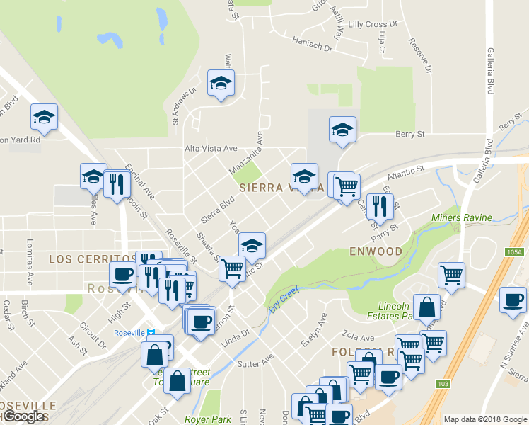 map of restaurants, bars, coffee shops, grocery stores, and more near 400 Coronado Avenue in Roseville