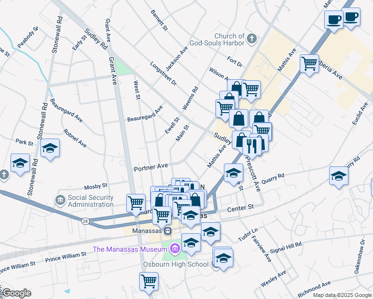 map of restaurants, bars, coffee shops, grocery stores, and more near 9210 Portner Avenue in Manassas