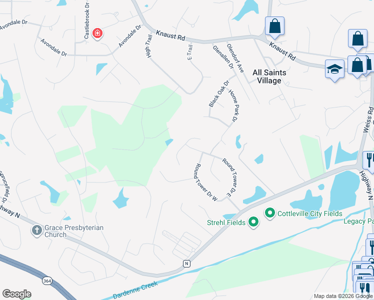 map of restaurants, bars, coffee shops, grocery stores, and more near 607 Saint Georges Chappel Court in Cottleville