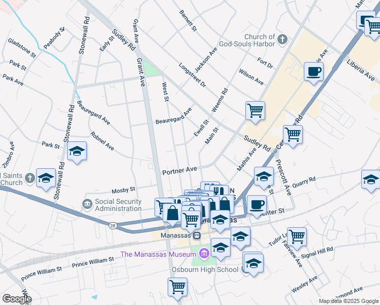 map of restaurants, bars, coffee shops, grocery stores, and more near 9207 Battle Street in Manassas