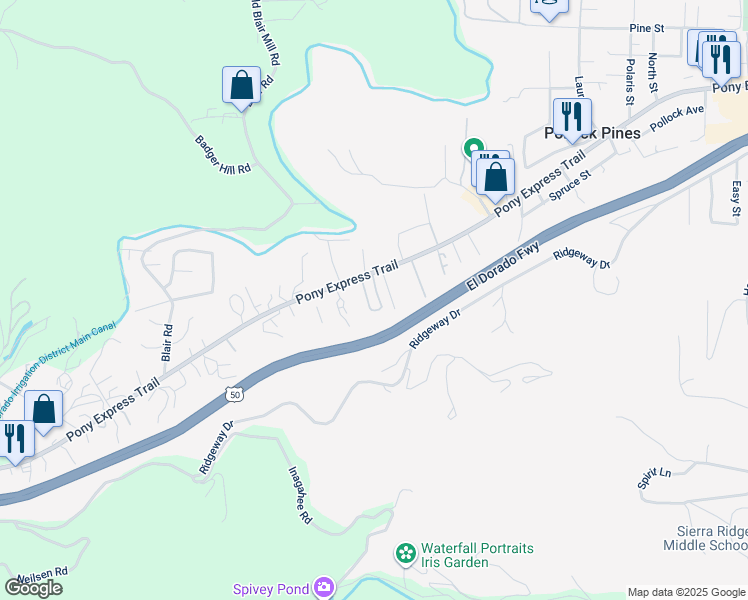 map of restaurants, bars, coffee shops, grocery stores, and more near 3012 Trap Lane in Pollock Pines
