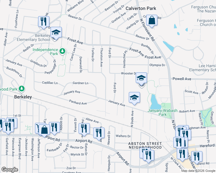 map of restaurants, bars, coffee shops, grocery stores, and more near 537 Ford Drive in Ferguson