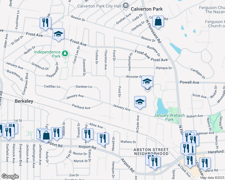 map of restaurants, bars, coffee shops, grocery stores, and more near 537 Ford Drive in Ferguson