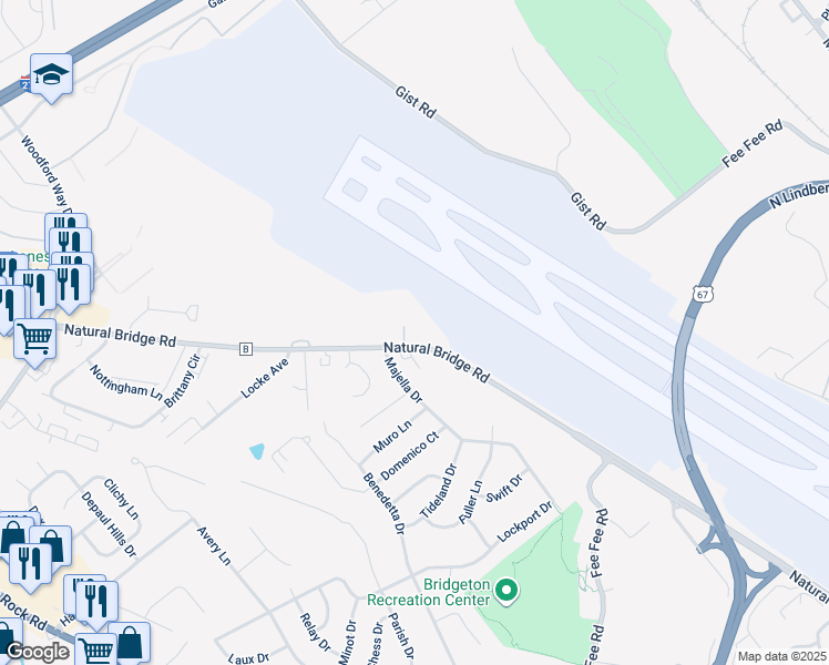 map of restaurants, bars, coffee shops, grocery stores, and more near 11935 Natural Bridge Road in Bridgeton