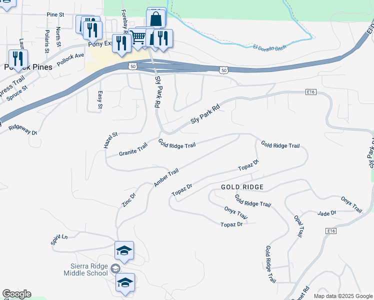 map of restaurants, bars, coffee shops, grocery stores, and more near 3196 Gold Ridge Trail in Pollock Pines