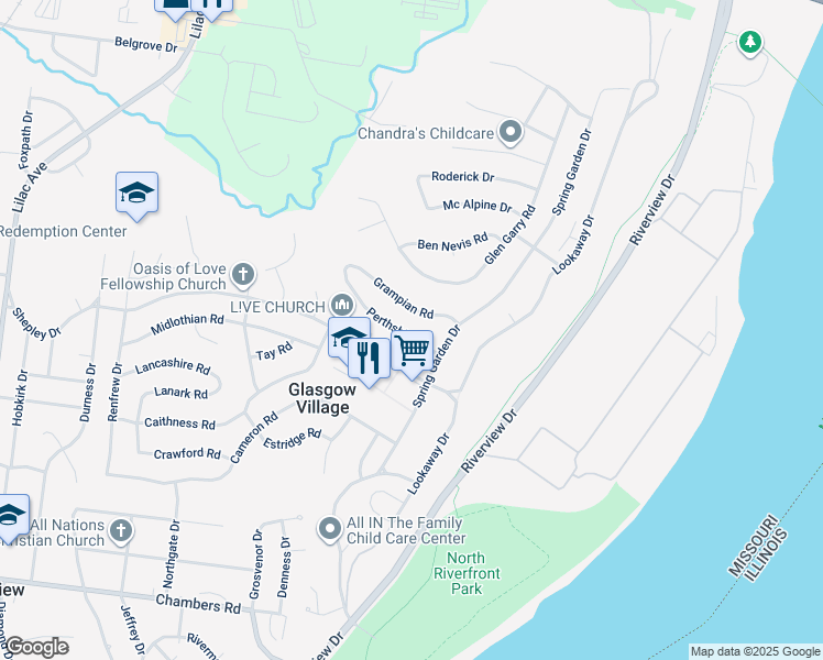map of restaurants, bars, coffee shops, grocery stores, and more near 129 Perthshire Road in St. Louis