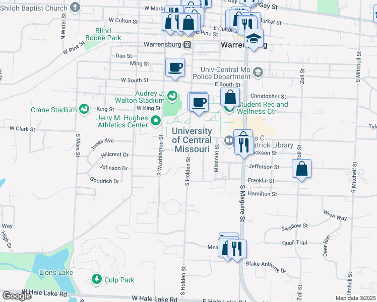 map of restaurants, bars, coffee shops, grocery stores, and more near 100 Houx Street in Warrensburg