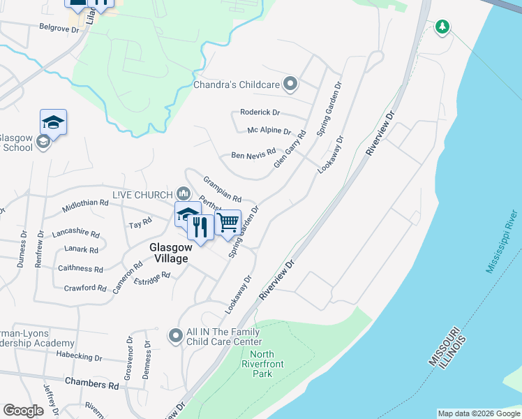 map of restaurants, bars, coffee shops, grocery stores, and more near 10552 Spring Garden Drive in St. Louis