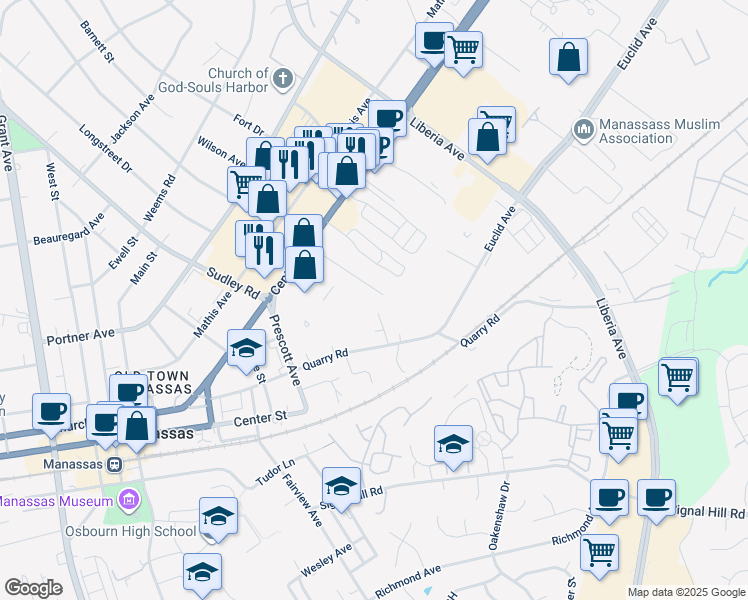 map of restaurants, bars, coffee shops, grocery stores, and more near 9118 Weir Place in Manassas