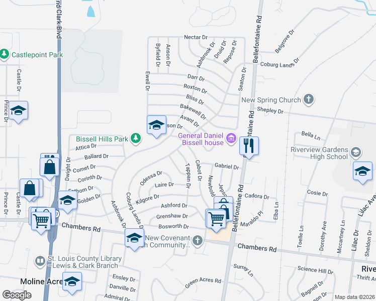 map of restaurants, bars, coffee shops, grocery stores, and more near 10232 Tappan Drive in St. Louis