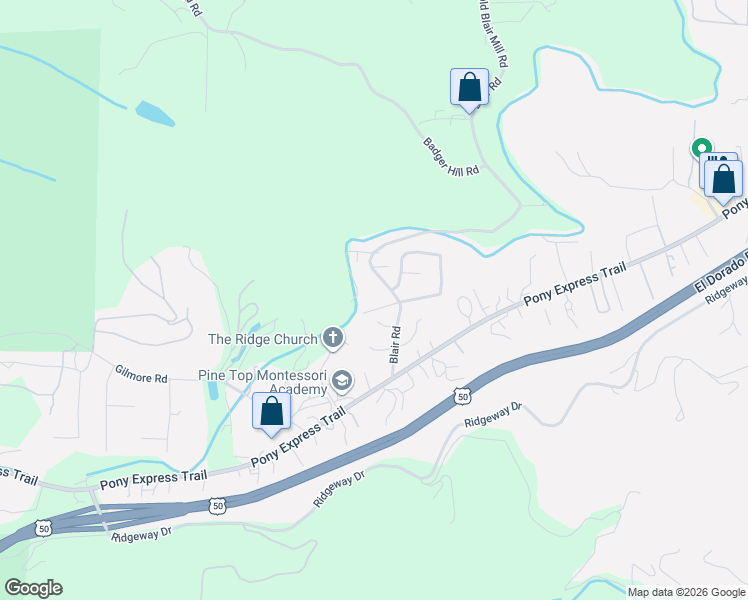 map of restaurants, bars, coffee shops, grocery stores, and more near 5755 Marjorie Way in Pollock Pines