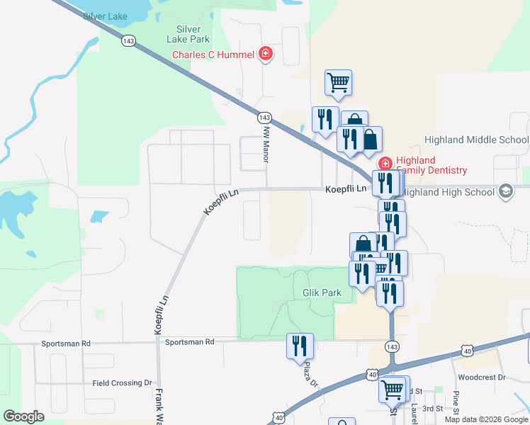 map of restaurants, bars, coffee shops, grocery stores, and more near 2724 Pineview Drive in Highland