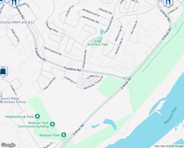 map of restaurants, bars, coffee shops, grocery stores, and more near 224 Le Beau Lane in Saint Charles