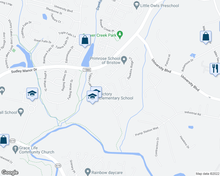 map of restaurants, bars, coffee shops, grocery stores, and more near 9277 Alvyn Lake Circle in Bristow