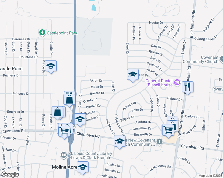 map of restaurants, bars, coffee shops, grocery stores, and more near 10209 Surf Drive in St. Louis