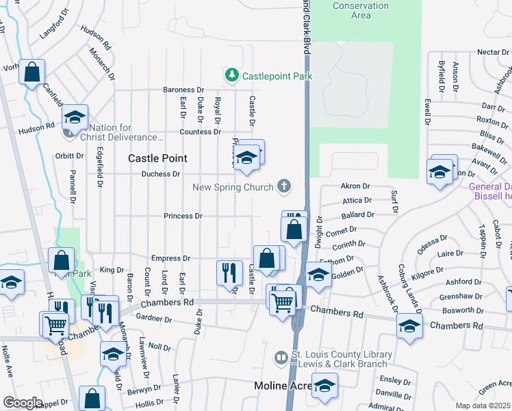 map of restaurants, bars, coffee shops, grocery stores, and more near 10202 Castle Drive in St. Louis
