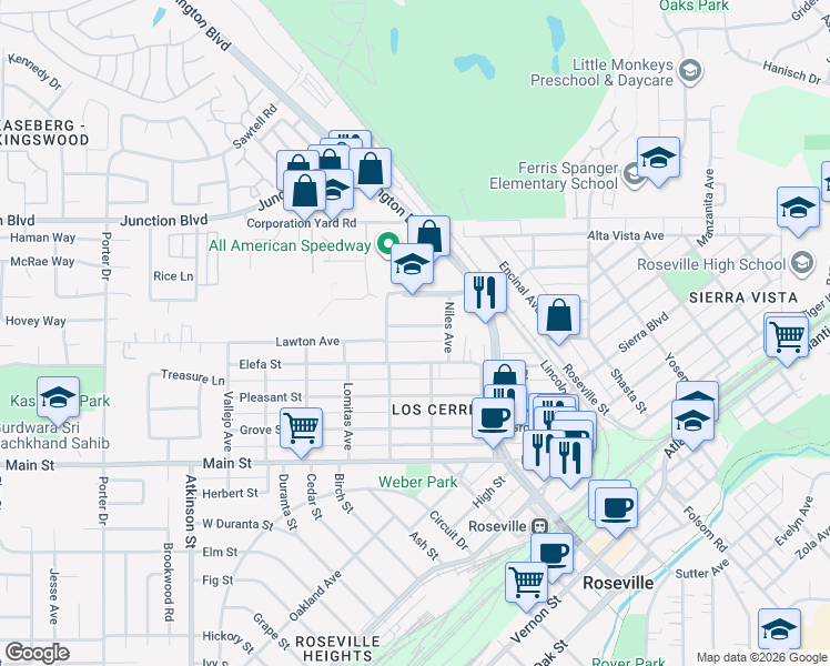 map of restaurants, bars, coffee shops, grocery stores, and more near 436 Stanford Avenue in Roseville