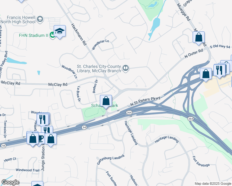 map of restaurants, bars, coffee shops, grocery stores, and more near in Saint Charles
