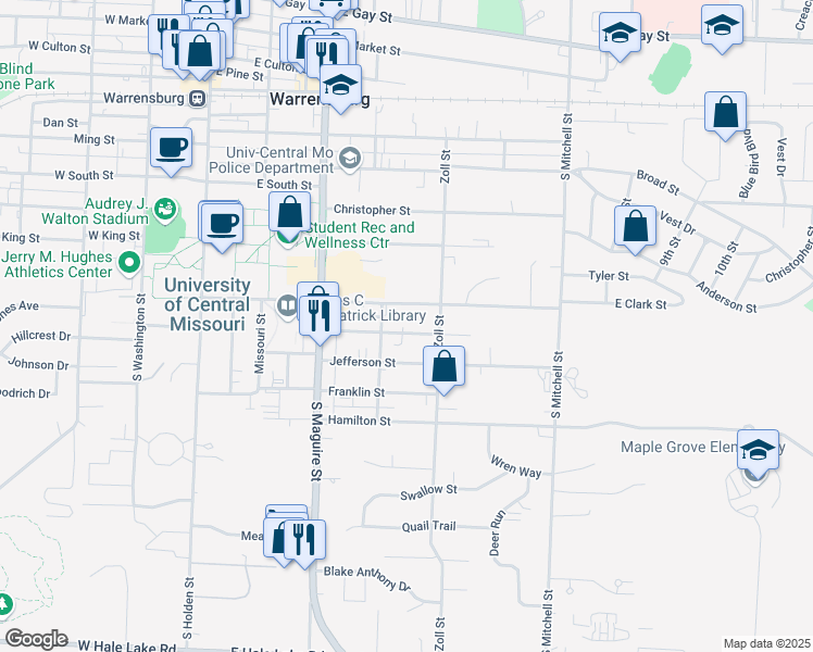map of restaurants, bars, coffee shops, grocery stores, and more near 416 Jackson Street in Warrensburg