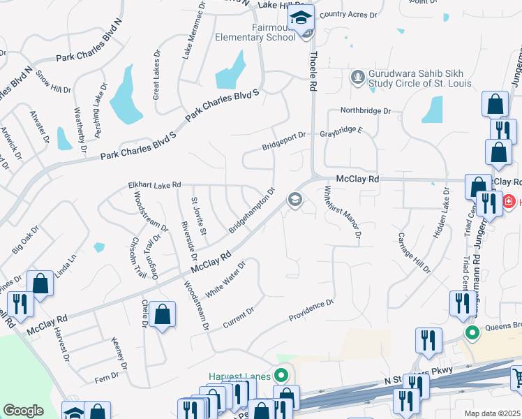 map of restaurants, bars, coffee shops, grocery stores, and more near 4126 Bridgehampton Drive in Saint Charles