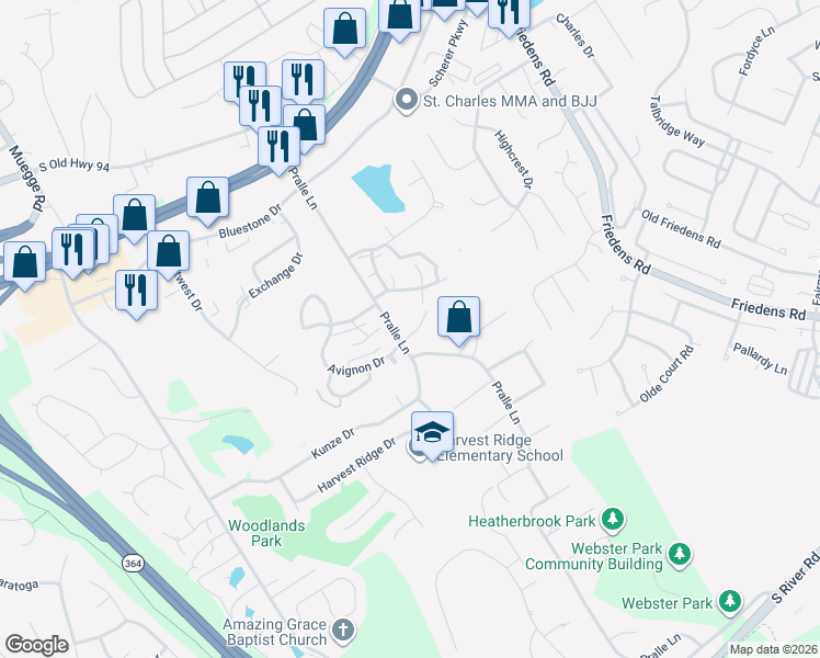 map of restaurants, bars, coffee shops, grocery stores, and more near 2 Jackson Place in Saint Charles