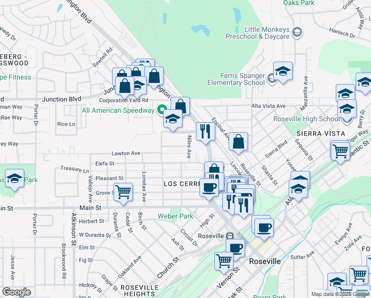 map of restaurants, bars, coffee shops, grocery stores, and more near 404 Stanford Avenue in Roseville