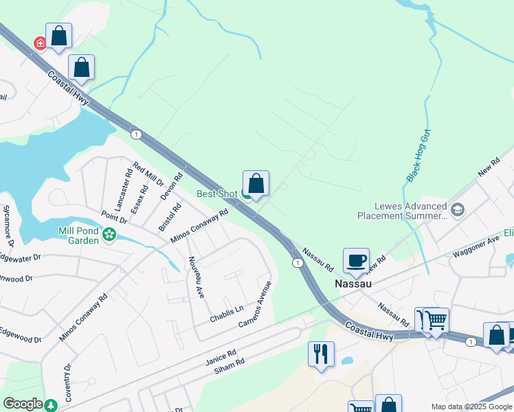 map of restaurants, bars, coffee shops, grocery stores, and more near 16813 Coastal Highway in Lewes
