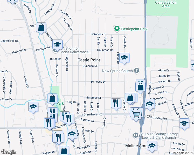 map of restaurants, bars, coffee shops, grocery stores, and more near 10213 Earl Drive in St. Louis