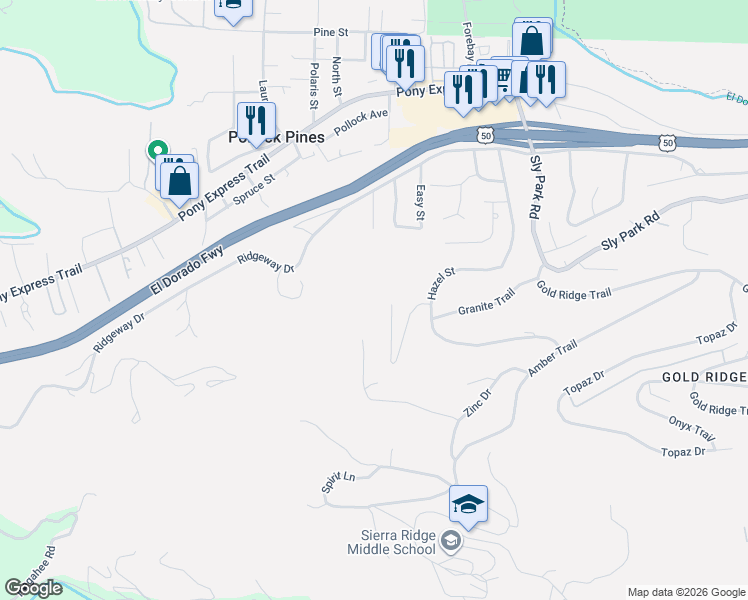 map of restaurants, bars, coffee shops, grocery stores, and more near 2127 Racoon Trail in Pollock Pines