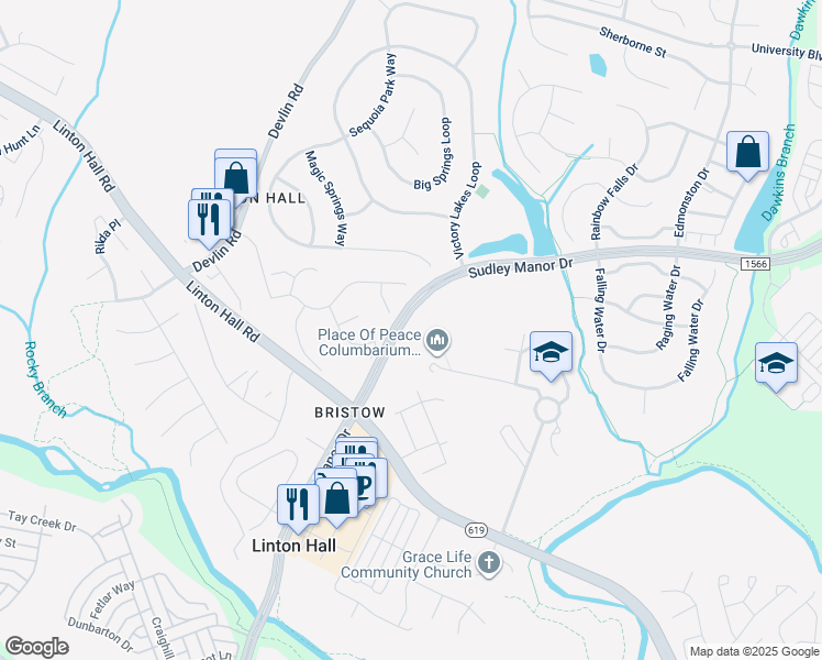 map of restaurants, bars, coffee shops, grocery stores, and more near 9293 Crestview Ridge Drive in Linton Hall